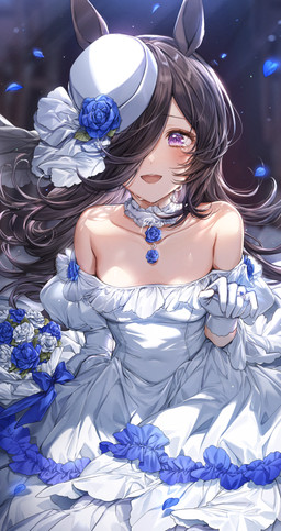 animal_ears bare_shoulders black_hair blue_flower blush bodily_fluids bouquet breasts clothing dress female flower gloves hair hair_over_eye handwear hat headgear headwear holding_bouquet holding_flower holding_object light_body light_skin long_hair plant purple_eyes solo tears wedding_dress white_clothing white_dress white_flower white_gloves white_handwear pillo_0000 cygames uma_musume_pretty_derby rice_shower_(pretty_derby) animal_humanoid equid equid_humanoid equine equine_humanoid horse_humanoid humanoid mammal mammal_humanoid hi_res portrait three-quarter_portrait
