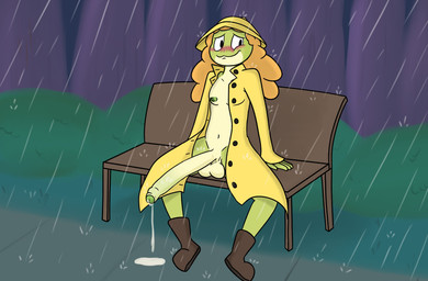 balls blush bodily_fluids clothing coat dripping genital_fluids genitals gynomorph hyper_long_penis intersex long_penis outside penis precum precum_drip precum_on_penis raincoat shirt smile solo topwear unbuttoned_shirt pixel_wings megan_ziegler amphibian frog humanoid absurd_res hi_res herm_(lore)