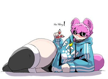 anthro black_clothing black_legwear black_sclera black_thigh_highs blue_clothing blue_hoodie blue_topwear blush clothing collar femboy fur hair hoodie legwear lying male on_side pink_hair pink_tail simple_background solo tail thick_thighs thigh_highs topwear white_background white_body white_fur fluffycatie mob_entertainment poppy_playtime domestic_cat felid feline felis humanoid mammal hi_res