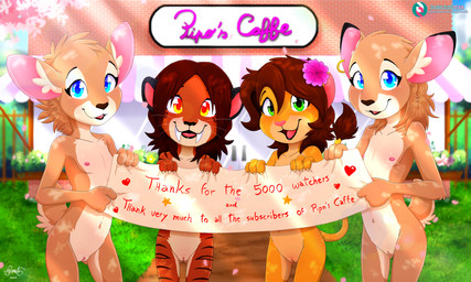 4_fingers accessory adolescent anthro blue_eyes blush breasts brown_body brown_fur brown_hair building clitoris day detailed_background ear_piercing ear_ring fangs female fingers flat_chested fur genitals grass green_eyes group hair hair_accessory holding_banner holding_object inner_ear_fluff light loli looking_at_viewer navel nipples nude orange_body orange_fur outside piercing plant ring_piercing sign small_breasts smile smiling_at_viewer standing sunlight teeth text tuft vulva yellow_eyes young young_anthro young_female piporete kaiti_(piporete) katy_(piporete) keiko_sakmat minami_(piporete) cervine deer felid feline lion mammal pantherine prehistoric_species saber-toothed_tiger 5:3 absurd_res digital_media_(artwork) hi_res signature url sibling_(lore) sister_(lore) sisters_(lore) twins_(lore)