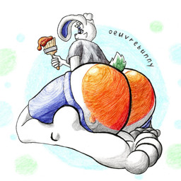 4_toes 5_fingers anthro blue_bottomwear blue_clothing blue_eyes blue_nose blue_shorts bodypaint bottomwear brush bubble_butt butt butt_focus clothing feet femboy fingers food fruit green_paint grey_clothing grey_shirt grey_topwear holding_object humanoid_feet kneeling looking_back looking_down low-angle_view male nude orange_paint paint paintbrush peach_(fruit) plant plantigrade rear_view scut_tail shirt short_tail shorts simple_background smile soles solo tail toes topwear white_body oeuvrebunny lagomorph mammal 1:1 2026 better_version_at_paywall better_version_at_source hi_res