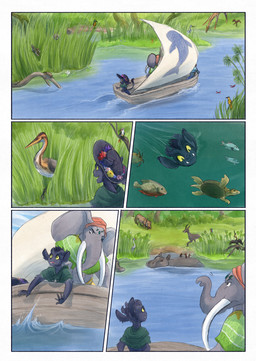 5_fingers ambiguous_gender anthro black_body black_fur boat clothed clothing dark_body day feral fingers fur grey_body open_mouth proboscis_(anatomy) river smile tail trunk_(anatomy) vehicle water watercraft bjekkergauken mythology imbali_(bjekkergauken) isilo_(bjekkergauken) aquatic common_hippopotamus elephant elephantid fish hippopotamid mammal proboscidean reptile scalie suid suine sus_(pig) turtle unknown_species wild_boar 2026 colored comic hi_res