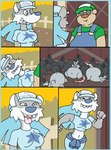 anthro belly big_belly big_butt blue_clothing blue_hair breasts butt clothing female group hair hat headgear headwear outside overweight simple_background virus-20 wendy_wolf_(virus-20) canid canine canis domestic_pig mammal mouse murid murine rodent suid suine sus_(pig) wolf 2023 comic