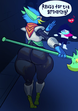 avian_feet beak big_butt butt clothed clothing duo halberd male melee_weapon polearm speech_bubble text thick_thighs tight_clothing weapon lugen_kobold deltarune undertale_(series) berdly kris_dreemurr soul_(deltarune) avian bird monster absurd_res hi_res