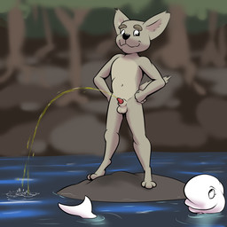 anthro balls black_nose bodily_fluids brown_body brown_fur duo female forest fur genital_fluids genitals male male_peeing navel nude nude_female nude_male outside peeing peeing_into_water peeing_outside penis plant presenting presenting_penis tail tree urine urine_stream watersports white_body white_skin young young_anthro young_female young_male thunderouserections study_partners anna_(study_partners) jake_(study_partners) aquatic beluga canid canine canis cetacean coyote mammal monodontid toothed_whale 1:1 hi_res