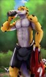 anthro athletic athletic_anthro athletic_male balls big_bulge bodily_fluids bulge clothed clothing drinking genitals growth looking_at_viewer male non-mammal_balls penis solo sweat vodcat eublepharid gecko leopard_gecko lizard reptile scalie hi_res sequence