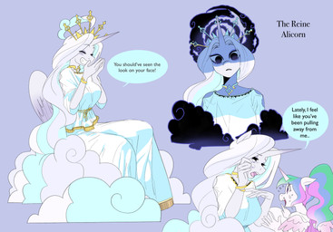 anthro black_eyes bodily_fluids clothing cloud crown dress female hair headgear horn jewelry necklace ponytail solo storm_clouds sweat sweatdrop text white_clothing white_dress white_hair wings aztrial friendship_is_magic hasbro my_little_pony mythology fan_character princess_celestia_(mlp) equid equine mammal mythological_creature mythological_equine winged_unicorn absurd_res english_text hi_res