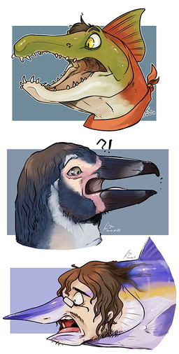 beak black_beak black_eyebrows black_hair brown_hair exclamation_point eyebrows eyewear glasses glistening glistening_eyes glistening_tongue green_body hair male open_mouth purple_body question_mark rectangular_glasses red_tongue sharp_teeth simple_background solo teeth tongue transformation white_body yellow_body yellow_eyes swampjaws aquatic avian multiple_images signature