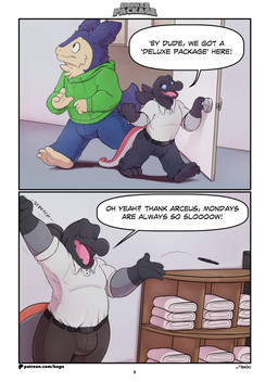 anthro barefoot bulge clothed clothing dialogue feet fluffy grey_body group hoodie inside male open_mouth smile standing text topwear towel walking bagu conditional_dnp nintendo pokemon charlie_(bagu) cye_(bagu) ven_(bagu) badger generation_2_pokemon generation_7_pokemon lizard mammal mustelid musteline pokemon_(species) reptile salandit scalie shiny_pokemon typhlosion absurd_res comic english_text hi_res url