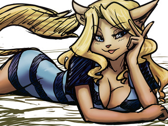 anthro blonde_hair blue_eyes breasts cleavage clothed clothing female hair long_hair lying pattern_clothing simple_background smile solo striped_clothing stripes general-irrelevant cheese_quesadilla felid mammal 2015 4:3 digital_media_(artwork)