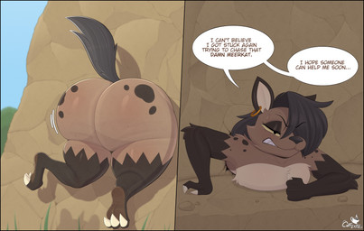 anthro big_butt biped black_hair breasts brown_body butt detailed_background dialogue female fur hair huge_butt multicolored_body outside pupils solo speech_bubble stuck tail text thick_thighs coffilatte leena_(potateymatey) hyena mammal absurd_res english_text hi_res