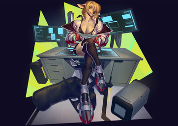 anthro biped blonde_hair bra breasts chair cleavage clothed clothing crossed_legs desk female furgonomics furniture futuristic green_eyes hair holding_clothing holding_object holding_panties holding_underwear legwear looking_at_viewer panties sitting smile solo table thigh_highs underwear botak deer mammal 2025 digital_media_(artwork) digital_painting_(artwork) hi_res painting_(artwork)