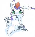 3_toes ambiguous_gender animal_genitalia anus blush claws fangs feet feral fur genital_slit genitals hindpaw long_ears looking_at_viewer lying markings mohawk on_back pawpads paws simple_background solo spread_legs spreading tail teeth toes white_background rag._(artist) bandai_namco digimon digimon_(species) gomamon mammal marine pinniped 2017