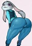 anthro bent_over big_butt blush bottomwear butt camel_toe clothed clothing female flat_chested looking_at_viewer muscular muscular_anthro muscular_female pants purple_eyes short_stack simple_background snout solo thick_thighs uniform white_background neone disney zootopia judy_hopps lagomorph leporid mammal rabbit