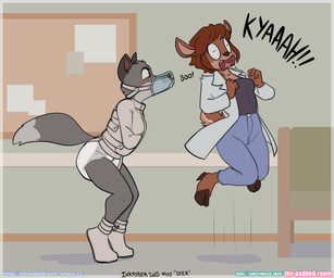 anthro asylum bdsm bondage bound diaper duo female female/female hospital medical muzzle_(object) restraints straitjacket the_padded_room canid canine canis deer mammal wolf absurd_res hi_res