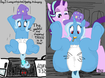ageplay ambiguous_gender bodily_fluids candy clothed clothing dessert diaper dock_(anatomy) duo ejaculation feral food hair hands-free heart_eyes heart_symbol hooves horn kidnapping medium_truck multicolored_hair navel quadruped roleplay saliva saliva_string spontaneous_ejaculation sweat sweatdrop tail text truck van vehicle wearing_diaper tally_(artist) friendship_is_magic hasbro kinktober kinktober_2025 my_little_pony mythology starlight_glimmer_(mlp) trixie_(mlp) equid equine horse mammal mythological_creature mythological_equine pony unicorn 2025 comic english_text hi_res