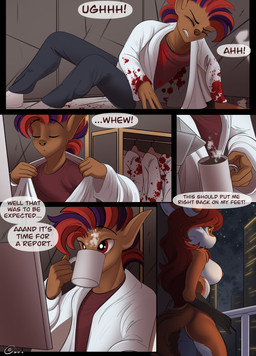 after_transformation anthro blood bodily_fluids breasts butt clothing coat dialogue drinking female lab_coat text topwear conrie kris_maltoa canid canine fox human mammal 2025 absurd_res comic english_text hi_res