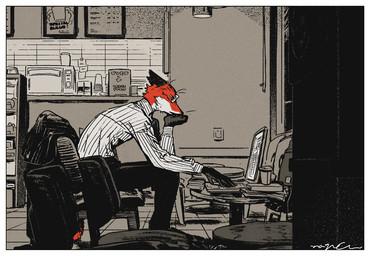 anthro black_body black_fur border clothed clothing coffee_shop collared_shirt computer ears_back electronics eyewear fur glasses kemono laptop male pivoted_ears pointy_ears red_body red_fur shirt sitting slim slim_anthro slim_male solo topwear white_body white_border white_fur nagabe canid canine fox mammal 2024 signature