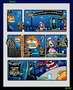 1_eye accessory anthro beverage big_butt bottomwear breasts buckteeth butt clothing collar crop_top elevator eyelashes female female/female footwear freckled_face freckles gesture group hair hair_over_eye hat headgear headwear high_heels hug larger_female lips long_hair long_neck looking_at_viewer machine necktie pants ponytail red_eyes restaurant resting_bitch_face robot_suit shirt shoes size_difference skirt small_breasts surprised teeth text thick_lips topwear underwater water waving waving_hand yellow_sclera somescrub nickelodeon spongebob_squarepants briny_waters eelie_applebottom fan_character susie_reefwell aquatic cyclops eel fish lagomorph leporid mammal mutant_humanoid plankton_(species) rabbit robot absurd_res comic english_text hi_res