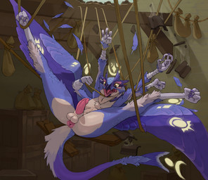 4_arms anthro anus awkward bdsm bondage bound claws feathers genitals male multi_arm multi_limb nude penis rope skinny slim solo tail toe_claws wings kofomy avian bird owl hi_res