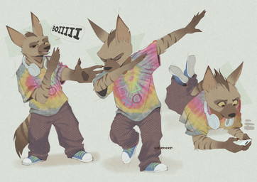 anthro blue_clothing blue_footwear blue_shoes bottomwear brown_body brown_bottomwear brown_clothing brown_fur brown_pants clothed clothing dabbing dialogue electronics female footwear fur headphones headphones_around_neck lying multicolored_body multicolored_clothing multicolored_fur multicolored_shirt multicolored_topwear multiple_poses pants pose shirt shoes solo tail text topwear two_tone_body two_tone_fur cruepocket goat_(movie) sony_corporation sony_pictures hannah_(goat) aardwolf hyena mammal 2026 digital_media_(artwork) english_text hi_res meme