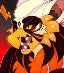 anthro beak feather_hair feathers fur gift grin male orange_body orange_fur pseudo_hair smile solo teeth toothed_beak toothy_grin greaserdemon mythology avian gryphon mythological_avian mythological_creature headshot_portrait hi_res portrait