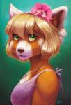 anthro blonde_hair breasts clothed clothing female green_background green_eyes hair simple_background smile solo whiskers goldendruid ailurid mammal red_panda 2019 digital_media_(artwork) hi_res