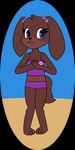 4_fingers anthro bare_shoulders beach bikini biped blue_eyes bow_(feature) bow_accessory breasts brown_body brown_fur brown_nose cheek_tuft circle_background clasped_hands cleavage clothed clothing dog_ears dog_tail ear_bow eyelashes facial_tuft female fingers footprint fully_clothed fur hands_together hands_together_elbows_apart leg_tuft looking_aside midriff navel outside pawprint pawprint_bikini pawprint_swimwear paws purple_bikini purple_bikini_bottom purple_bikini_top purple_bow purple_clothing purple_swimwear sand seaside smile solo standing swimwear tail tankini tuft twin_bows twin_ear_bows two-piece_swimsuit pazymomo evelyn_(pazymomo) bird_dog canid canine canis cocker_spaniel domestic_dog hunting_dog mammal spaniel 1:2 2022 alpha_channel digital_drawing_(artwork) digital_media_(artwork) flat_colors full-length_portrait hi_res portrait