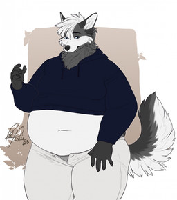 5_fingers anthro bodily_fluids bottomwear clothed clothing distressed embarrassed fingers hoodie male navel open_bottomwear open_clothing open_pants overweight overweight_anthro overweight_male pants simple_background sweat sweatdrop topwear unbuttoned underwear visible_underwear weight_gain redpixie pacato canid canine fox mammal 2023 hi_res signature
