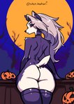 anthro butt clothing collar female food fruit full_moon hair holidays jack-o'-lantern legwear long_hair looking_at_viewer moon nude outside plant pumpkin solo standing tail thigh_highs shen_hokori halloween helluva_boss mythology loona_(helluva_boss) canid canid_demon canine demon hellhound mammal mythological_canine mythological_creature hi_res