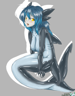 5_fingers anthro black_body blue_hair breasts countershade_neck countershade_tail countershade_torso countershading dorsal_fin female fin fingers gills glistening glistening_body grey_background hair humanoid_face latex_body legless logo looking_at_viewer non-mammal_breasts non-mammal_hair nude nude_female open_mouth outline pupils sharp_teeth simple_background sitting sitting_on_ground slight_blush slit_pupils solo split_form tail teeth text torso_gills white_body white_countershading yellow_eyes shanher lemon_(shanher) fish marine merfolk shark shark_merfolk 2020 absurd_res artist_logo artist_name chinese_text colored english_text hi_res shaded