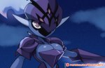 armor big_breasts blue_body breasts cleavage clothed clothing cloud female front_view humanoid_pointy_ears night obscured_face pointy_ears purple_armor purple_eyes sky solo brachyzoid nintendo pokemon ceruledge generation_9_pokemon humanoid pokemon_(species)