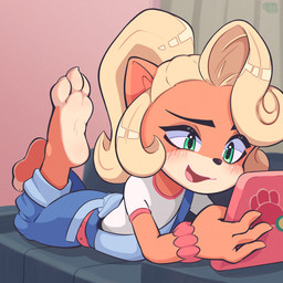 3_toes 4_fingers anthro barefoot blonde_hair blush calves_up clothed clothing feet female fingers foot_focus fur hair open_mouth orange_body orange_fur plantigrade soles solo the_pose toes himeko_nodanuki activision crash_bandicoot_(series) coco_bandicoot bandicoot mammal marsupial 1:1 hi_res