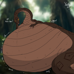 apode belly big_belly brown_belly brown_head hand_on_head huge_belly legless looking_at_viewer male overweight rumbling_stomach serpentine solo talking_to_viewer text yellow_eyes yauhasart mboi_(yauhasart) draconcopode naga reptile scalie snake 1:1 2026 english_text flat_colors hi_res