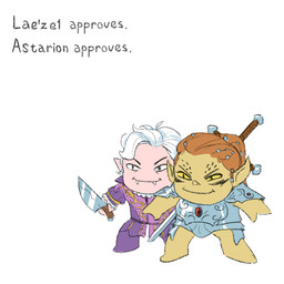 armor brown_hair chibi duo fangs female hair humanoid_pointy_ears humor knife male melee_weapon not_furry pointy_ears red_eyes smile smug sword teeth weapon white_hair battletailors baldur's_gate baldur's_gate_3 bioware dungeons_and_dragons electronic_arts hasbro larian_studios wizards_of_the_coast astarion_(baldur's_gate) lae'zel elf githyanki humanoid vampire 1:1 hi_res