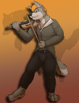 3_toes 5_fingers anthro barefoot belt biped blue_eyes bottomwear bow_(stringed_instrument) bowed_string_instrument clothed clothing coat feet fingers fully_clothed fur grey_body grey_fur hair holding_musical_instrument holding_object male musical_instrument orange_hair pants playing_music playing_violin short_hair simple_background smile solo standing string_instrument tailcoat toes topwear violin amixeduppuppy canid canine canis mammal wolf