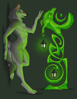 anthro art_nouveau biped breasts digitigrade female lamp lantern solo standing tail yellow_eyes katie_hofgard canid canine canis mammal wolf