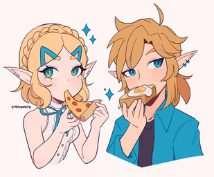 blonde_hair blue_eyes bread clothing duo ear_piercing ear_ring eating female food green_eyes hair humanoid_pointy_ears light_body light_skin male not_furry piercing pizza pointy_ears ring_piercing simple_background cremanata breath_of_the_wild nintendo the_legend_of_zelda link princess_zelda humanoid hylian 2021 hi_res signature