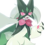 ambiguous_gender anthro claws fangs fur green_body green_fur green_hair hair looking_at_viewer open_mouth pawpads pink_eyes simple_background solo tail teeth tongue rullu_1507 nintendo pokemon felid feline generation_9_pokemon mammal meowscarada pokemon_(species) 1:1 2025 hi_res