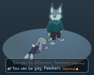 anthro diplomacy duo eyelashes female fur gameplay_mechanics grey_body grey_fur honor humor male skill_check text warning_sign katzenfaust disney zootopia judy_hopps pawbert_lynxley canada_lynx european_rabbit felid feline lagomorph leporid lynx mammal oryctolagus rabbit 5:4 english_text hi_res