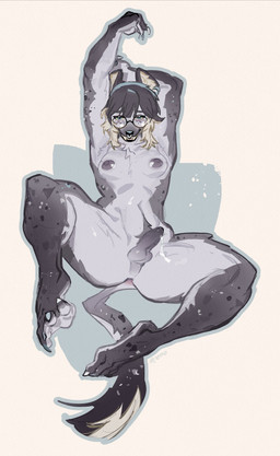 anthro anus areola balls bared_teeth bodily_fluids breasts claws countershading cum erection eyewear facial_piercing freckled_face freckled_legs freckles genital_fluids genitals glasses gynomorph gynomorph_anthro humanoid_genitalia humanoid_penis inner_ear_fluff intersex intersex_anthro nipples nose_piercing nose_ring nude_anthro nude_gynomorph penis piercing raised_arms ring_piercing simple_background solo tuft jeganzero hyena mammal 2025 hi_res trans_(lore) trans_woman_(lore)