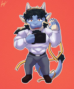 anthro black_hair blue_body blue_scales camera chibi clothing collared_shirt dress_pants dress_shirt ear_piercing ear_ring facial_hair footwear goatee greeting hair horn male pecs piercing ring_piercing scales shirt shoes sideburns solo tail tan_body tan_scales topwear firstfoxred anothereidos_of_dragon_vein_r mythology folker_(anothereidos_r) dragon mythological_creature mythological_scalie scalie hi_res