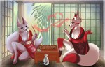 alcohol anthro asian_clothing beverage board_game breasts clothing container cup duo ears_up east_asian_clothing female fur go_(game) heart_symbol japanese_clothing kimono magic_user nipples one_breast_out shoji wand white_body white_fur sanssouci canid canine fox mammal