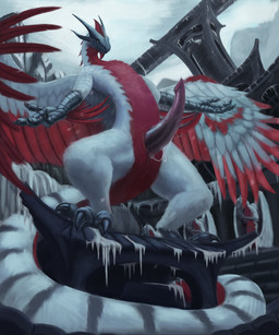 animal_genitalia anus bodily_fluids claws detailed_background dripping erection feathered_wings feathers feet feral finger_claws fur genital_fluids genital_slit genitals horn long_neck long_tail looking_at_viewer male outside penis precum presenting presenting_penis red_body red_feathers red_fur ruins scales sky solo spreading tail tapering_penis toe_claws toes white_body white_feathers white_fur wings reku_illustration hasbro magic:_the_gathering mythology wizards_of_the_coast ojutai avian dragon feathered_dragon feathered_scalie furred_dragon furred_scalie hybrid mythological_creature mythological_scalie scalie 5:6 absurd_res hi_res shaded