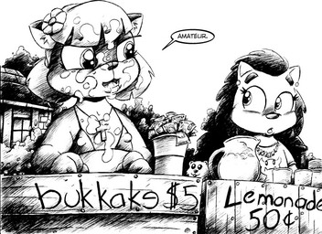 anthro beverage bikini bodily_fluids booth booth_(structure) bukkake clothed clothing cross cross_necklace cum cum_covered duo female genital_fluids jewelry lemonade lemonade_stand loli male messy money necklace nipple_outline prostitution public simple_background skimpy swimwear two-piece_swimsuit vendor vendor_stand white_background young young_anthro drake_fenwick monochrome traditional_media_(artwork)