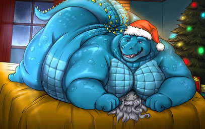 4_fingers anthro bed belly big_belly big_butt big_moobs black_nose blue_body blue_eyes blue_scales blue_scar blue_wall butt christmas_clothing christmas_headwear christmas_present christmas_tree clothing duo eyebrows facial_scar fingers fist furniture gift hair hat hat_only headgear headgear_only headwear headwear_only holidays huge_butt inside interspecies larger_anthro larger_male light long_hair long_tail looking_at_viewer lying lying_on_another lying_on_bed male male/male male_anthro moobs mostly_nude mostly_nude_anthro mostly_nude_male multicolored_body multicolored_scales night no_eyebrows obese obese_anthro on_back on_bed open_mouth open_smile orange_blanket overweight overweight_anthro pink_tongue plant red_clothing red_curtains red_hat red_headwear santa_hat scales scar scutes sharp_teeth size_difference smile tail teeth thick_thighs tongue tree two_tone_body two_tone_scales wall_(structure) wavy_hair white_eyebrows white_hair window window_curtains winter yellow_scutes fmmf_fatass christmas azrael_(tertia) nathile_tiduna alligatorid azurlligator canid canine canis crocodilian mammal reptile scalie wolf 2025 absurd_res colored digital_drawing_(artwork) digital_media_(artwork) english_description hi_res lighting shaded
