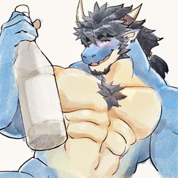 abs anthro black_hair blue_body blue_scales blush body_hair bottle chest_hair container drunk ear_piercing ear_ring facial_hair goatee hair horn male muscular muscular_male nude pecs piercing ponytail red_eyes ring_piercing scales sideburns solo substance_intoxication yellow_body yellow_scales riotaro15 anothereidos_of_dragon_vein_r mythology folker_(anothereidos_r) dragon mythological_creature mythological_scalie scalie 1:1 hi_res