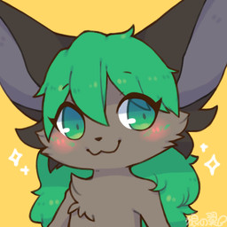 anthro blush brown_body brown_fur cheek_tuft chest_tuft facial_tuft female fur green_eyes green_hair hair simple_background solo tuft yellow_background wolfwithwing chuian 1:1 bust_portrait low_res portrait