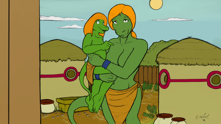ambiguous_gender anthro bottomwear breasts clothed clothing container duo featureless_breasts female fence hair hut jar loincloth looking_at_viewer navel non-mammal_breasts non-mammal_hair open_mouth orange_hair outside ponytail screencap smile topless tribal wristband farnham_fables lizard reptile scalie 16:9 2016 hi_res widescreen