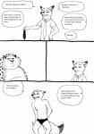 anthro belly big_belly clothing dialogue duo fur male obese obese_male overweight overweight_male simple_background spandex speech_bubble text tight_clothing white_background bernielover disney zootopia benjamin_clawhauser nick_wilde canid canine cheetah felid feline fox mammal red_fox true_fox comic english_text hi_res monochrome